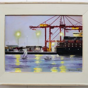 An original oil painting depicting the working port in Fremantle