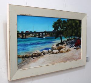 Red Tinny original oil painting depicting some dinghies parked on the shore in North Fremantle with a view of Stirling Bridge crossing the Swan River