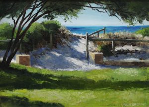 An oil painting of a sunlit pathway at South Fremantle's popular South Beach by Perth artist Ben Sherar