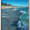 An original oil painting depicting a wave crashing on the shore in summer at popular South Beach in South Fremantle
