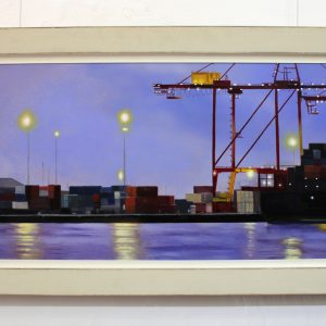 An original framed oil painting depicting Fremantle's working port at dusk
