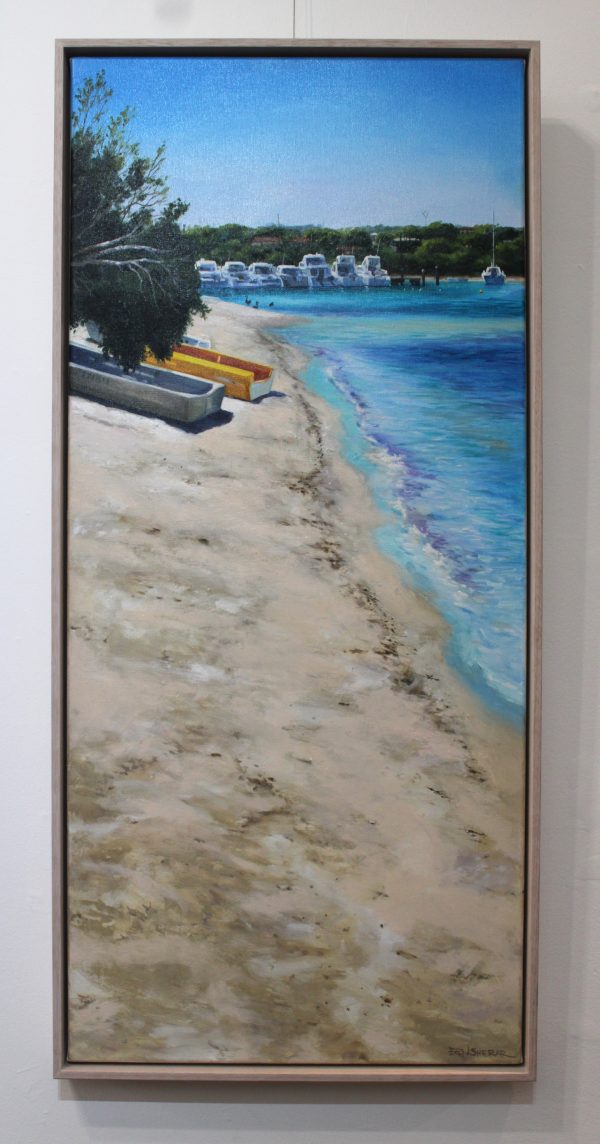 A framed oil painting of some dinghies parked on the North Fremantle shore of the Swan River
