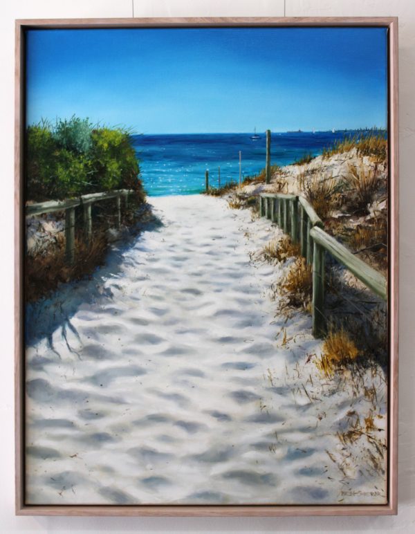 An original framed oil painting of a pathway down to a beach on the Indian ocean