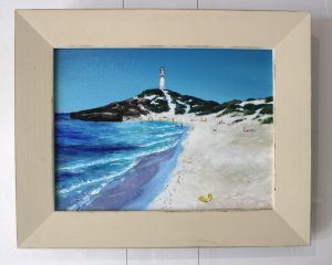 A painting depicting Bathurst Lighthouse overlooking Pinky's Beach on Rottnest Island