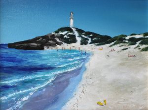 A painting depicting Bathurst Lighthouse overlooking Pinky's Beach on Rottnest Island