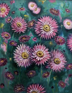An original mixed media painting by Kiya Kalem depicting pink everlasting flowers