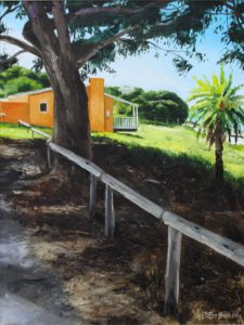 An original oil painting by Ben Sherar depicting a shaded view of a cottage on Rottnest Island
