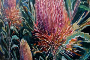 An original oil painting by Western Australian Artist Kiya Kalem depicting Banksia Blooms in the sun