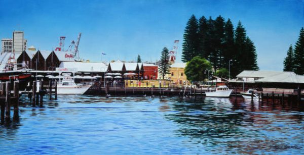 An original oil painting by Western Australian Artist Ben Sherar showing a view of Fremantle's Fishing Boat Harbour