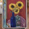 An original oil painting by Western Australian Artist Kiya Kalem depicting some bright yellow sunfloer blooms in a blue jar