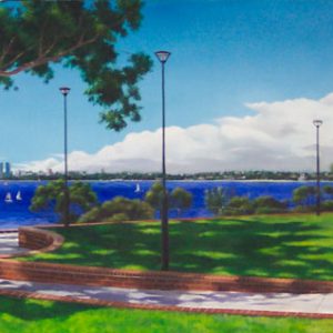 An original oil painting by Ben Sherar depicting the view from Point Heathcote across to the city of Perth