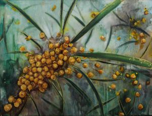 An original oil on canvas by Western Australian Artist Kiya Kalem depicting some Wattle Blooms