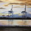 An original oil painting by Western Australian Artist Ben Sherar depicting dusk at Fremantle's historic working port
