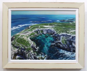 An original oil painting by Western Australian Artist Ben Sherar depicting an aerial view above Fishhook Bay on the Western point of Rottnest island