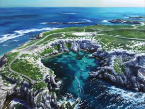 An original oil painting by Western Australian Artist Ben Sherar depicting an aerial view above Fishhook Bay on the Western point of Rottnest island