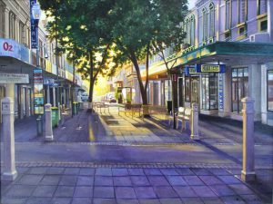 An original painting by Ben Sherar depicting morning light in High Street Mall, Fremantle