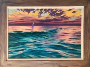 An original oil painting of sunset over the ocean by Western Australian Artist Ben Sherar